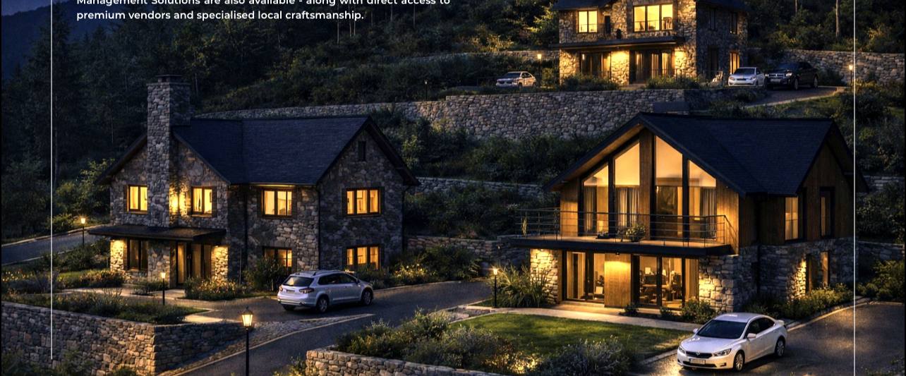 Architectural render of stone cottages at dusk